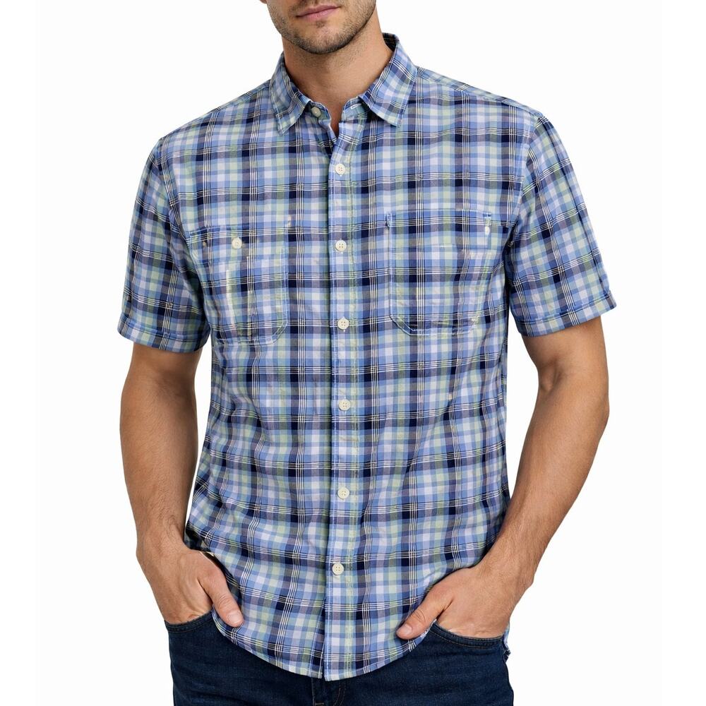 Cremieux Classics Plaid Contrast Stitch Shirt Double Pockets Short Sleeve XL